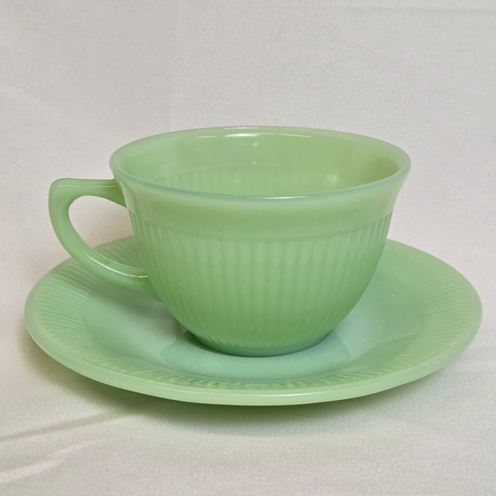 Fire King Jadeite Jane Ray Teacup and Saucer Green Ribbed Pattern Vintage